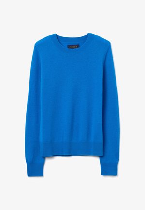Maglione leggero blu lavorato a maglia con scollo rotondo e maniche lunghe, caratterizzato da polsini e orlo a costine. L'etichetta riporta "PIOMBO."