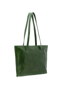 Sac cabas en cuir vert avec deux longues poignées, texture lisse, forme rectangulaire et design minimaliste. Accents de couture le long des coutures.