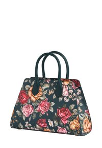 Borsa con manici verde scuro, decorata con un pattern floreale multicolore che presenta rose e vari piccoli fiori.