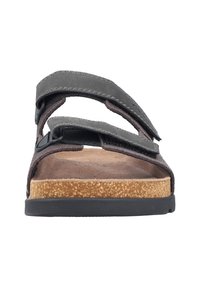 Dark gray sandal with two adjustable straps, a cork footbed, and a textured black outsole. Features stitching detail on the straps.