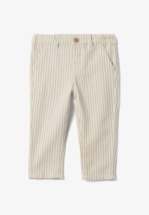 Pantaloni per bambini piccoli a righe verticali beige e bianche con chiusura a bottone e tasche frontali, realizzati in tessuto di cotone leggero.
