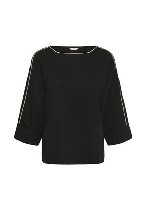 Črna široka bluza z rokavi do komolcev, bež obrobami ob ramenih in rokavih ter širokim izrezom na vratu.