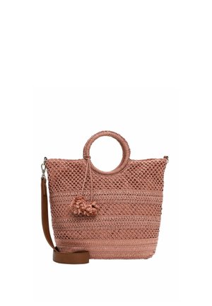 Gewebte rosa Handtasche mit runden Griffen, floralem Quastdetail und abnehmbarem braunem Schulterriemen, dargestellt vor weißem Hintergrund.