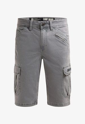 Gray cargo shorts with front button, zipper pockets, belt loops, and side flap pockets labeled "CAMP DAVID".