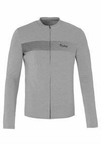 Grå langærmet jakke med tekstureret stof, stående krave, lynlås foran og sorte vandrette striber over brystet.