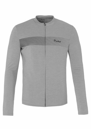 Grijze lange mouwen jas van textuurstof, met een staande kraag, een ritssluiting aan de voorkant en zwarte horizontale strepen over de borst.