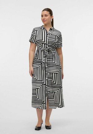 Black and white striped midi dress with a button-up front, short sleeves, and a waist tie. Features geometric patterns and a side slit.