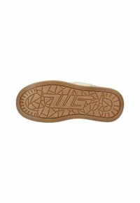 Suola di scarpa realizzata in materiale gommoso con un motivo, di colore beige e con un design a battistrada geometrico. Logo prominente integrato nella suola.