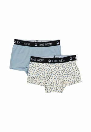 Modré a kvetinové bavlnené boxerky s čiernym elastickým pásom s nápisom "THE NEVI." Mäkkučký materiál, voľný strih.
