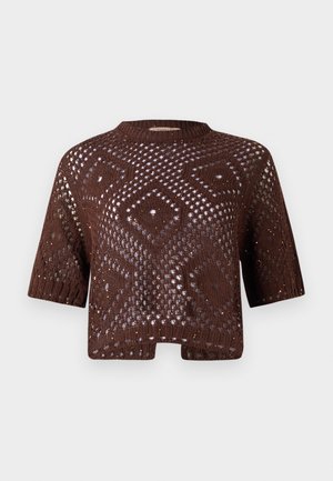 Bruine gebreide trui met korte mouwen, met een ruitpatroon van open steken en een iets cropped, boxy vorm.