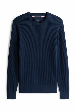 Donkerblauwe geribbelde trui met ronde hals en lange mouwen, met een klein geborduurd Tommy Hilfiger-logo op de borst.