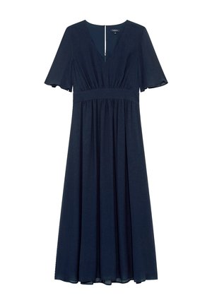 Marineblauwe midi-jurk met V-hals, korte wijd uitlopende mouwen, aangesloten tailleband en een vloeiende, geplooide rok.