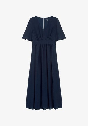 Marineblauwe midi-jurk met V-hals, korte wijd uitlopende mouwen, aangesloten tailleband en een vloeiende, geplooide rok.