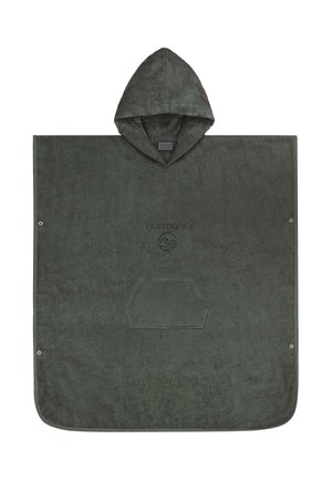 Dunkelgrauer Kapuzenhandtuch-Poncho mit Fronttasche und Markenlogo mittig auf der Brust.
