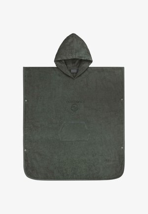 Dunkelgrauer Kapuzenhandtuch-Poncho mit Fronttasche und Markenlogo mittig auf der Brust.