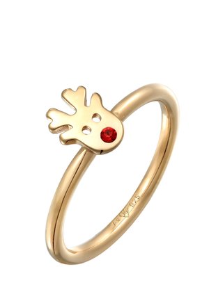 Goldplattierter Ring mit einem Rentierkopfmotiv, das drei ausgeschnittene Geweihäste und einen roten Edelstein für die Nase zeigt. Glatte, polierte Oberfläche.