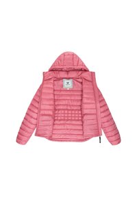 Różowa pikowana kurtka z kapturem leży płasko, z otwartym przodem, pokazując wewnętrzną podszewkę i metkę marki "ragwear".