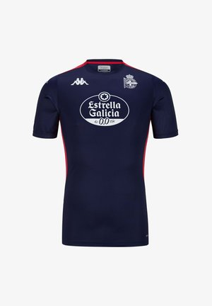 Maillot de sport bleu foncé à manches courtes, avec des accents latéraux rouges et un logo "Estrella Galicia" bien en vue sur le devant. Marque Kappa visible.