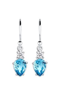 Boucles d'oreilles en forme de goutte d'eau bleue avec des pierres d'accent rondes transparentes, montées en métal argenté avec une finition polie. Présente un design à crochet.