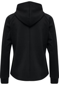 Black hoodie with a smooth texture, featuring a hood, long sleeves, and a curved hem. No visible branding or patterns.