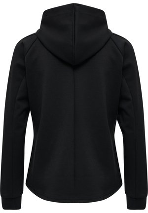 Black hoodie with a smooth texture, featuring a hood, long sleeves, and a curved hem. No visible branding or patterns.