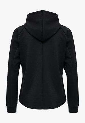 Zwarte hoodie met een gladde textuur, voorzien van een capuchon, lange mouwen en een gebogen zoom. Geen zichtbare merknaam of patronen.