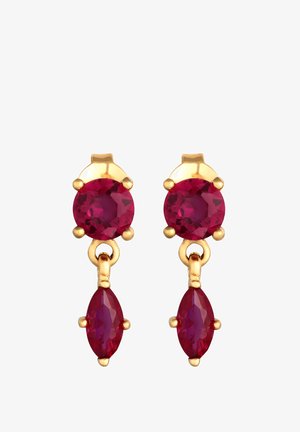 Gold earrings featuring two round and one marquise-cut red gemstones, showcasing a sleek design with polished metal accents.