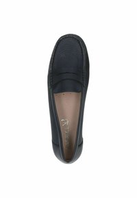 Schwarzer Leder-Slipper mit strukturiertem Oberflächenmaterial, runder Spitze und dezenten Nahtdetails entlang der Kanten. Weiche Einlegesohle sichtbar im Inneren.