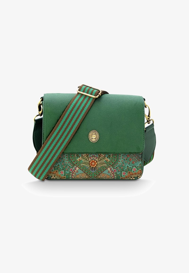 Green handbag with a floral-patterned lower section, smooth upper material, adjustable striped strap, and gold-tone hardware.