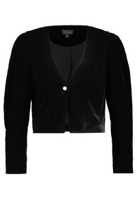 Veste courte en velours noir avec manches longues bouffantes et une fermeture à l'avant avec un bouton unique en perle.