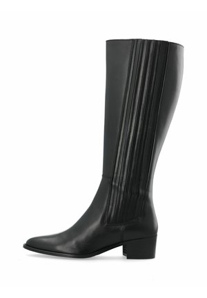 Bottes noires montantes en cuir lisse, avec des accents rainurés verticaux, un bout pointu et un petit talon carré.