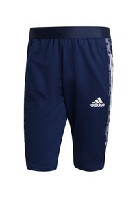 Pantalones cortos deportivos Adidas en azul marino con cintura elástica y logo blanco en el muslo derecho, con una franja lateral con diseño.