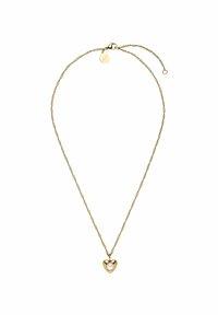 Goldfarbene Kettenhalskette mit einem herzförmigen Anhänger und einer kleinen Perle in der Mitte. Einfaches Design mit einem Verschluss.