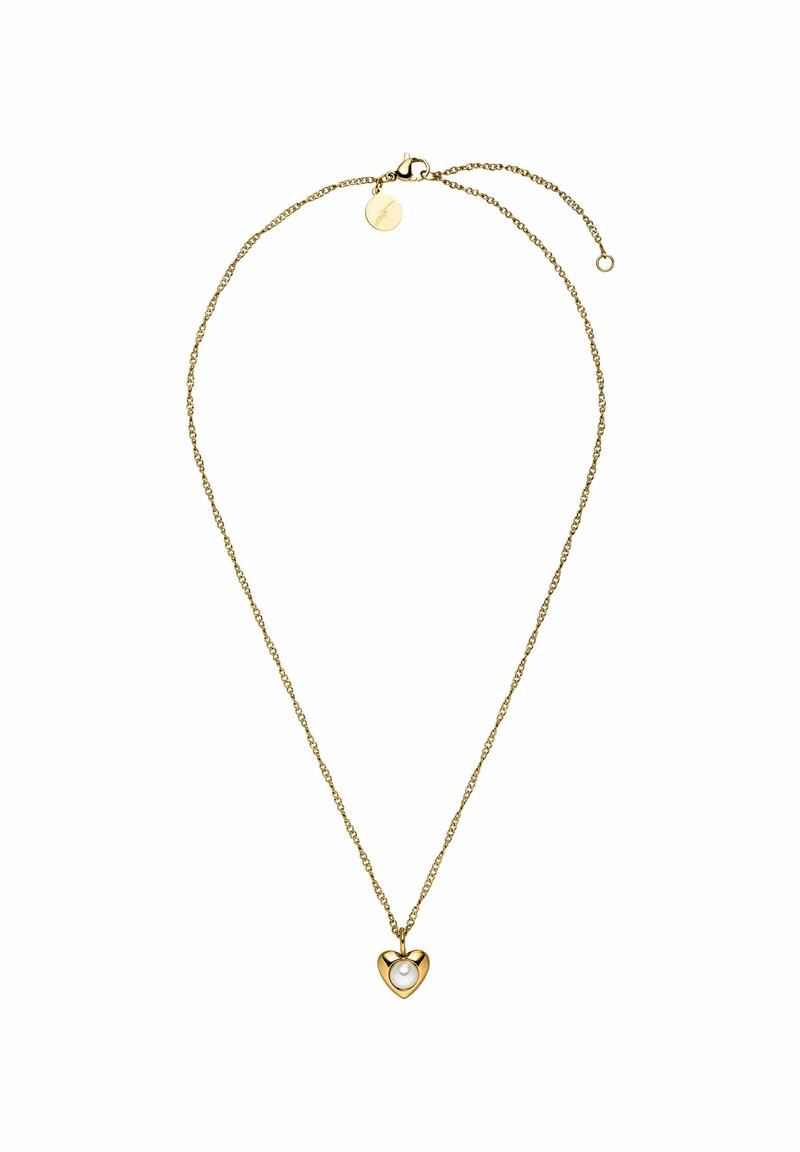 Goldfarbene Kettenhalskette mit einem herzförmigen Anhänger und einer kleinen Perle in der Mitte. Einfaches Design mit einem Verschluss.