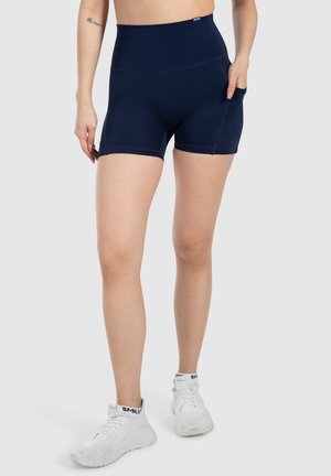 Marineblauwe high-waisted sportshorts van rekbare stof, met een zijzak en vlakke naden voor een soepele afwerking.