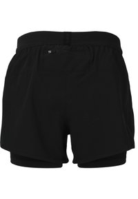 Zwarte sportshorts met een ingebouwde voering, elastische tailleband en een klein ritszakje aan de achterkant voor opslag.