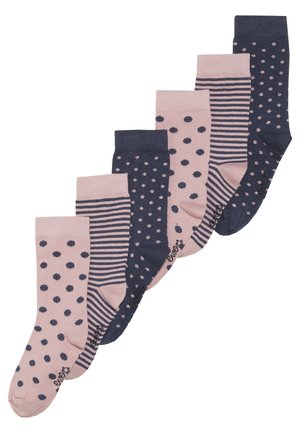 Sechs Paar Socken: hellrosa mit navyblauen Punkten, navyblau mit hellen Punkten und navyblau gestreift. Aus Baumwollmischung, mittlere Schafthöhe.