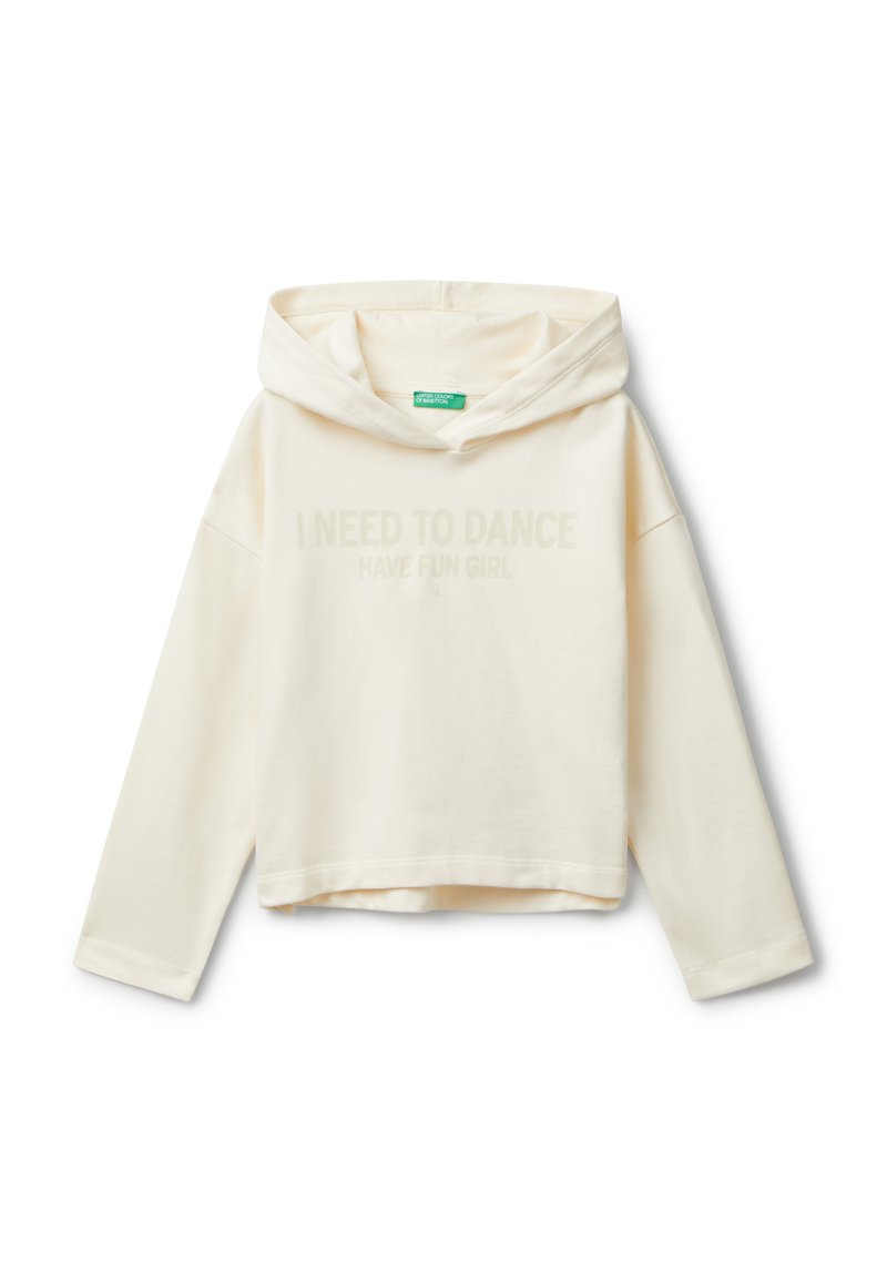 Felpa con cappuccio color crema, dal design cropped, che presenta la scritta "HO BISOGNO DI BALLARE DIVERTIRMI RAGAZZA" in una tonalità più chiara. Tessuto morbido, maniche lunghe.