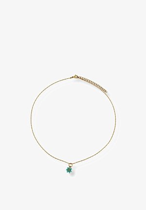 Zarte goldene Halskette mit einem kleinen türkisfarbenen Blumenanhänger und einem verstellbaren Verschluss.