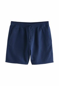 Marineblauwe korte broek van gestructureerde stof, voorzien van een elastische tailleband, verstelbare trekkoord en zijzakken.