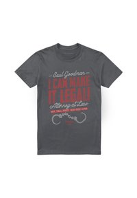 Gray cotton t-shirt featuring bold red and white text, handcuff graphics, and a playful legal theme referencing “Saul Goodman.”