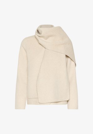 Beige Wolljacke mit einem übergroßen, umgeschlagenen Kragen, der über eine Schulter fällt, langen Ärmeln und einer lockeren Passform.