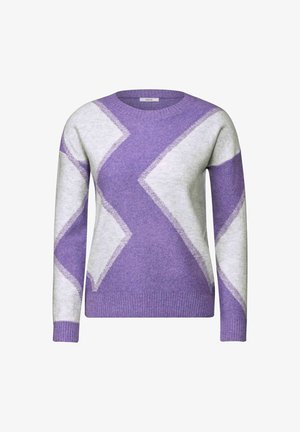 Fioletowy i szary sweter z geometrycznym wzorem w zygzak, okrągłym dekoltem, długimi rękawami oraz ribbowanym wykończeniem mankietów i dolnej części. Miękka tekstura.
