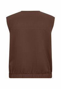 Bruine mouwloze blouse met een ontspannen pasvorm, elastische taille, een gladde textuur en een subtiele naaddetail over de rug.