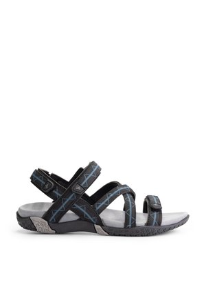 Black sandal with gray footbed and textured rubber sole. Features multiple adjustable straps with blue geometric pattern and side clips.