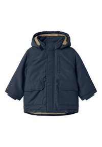 Giacca trapuntata blu navy con cappuccio foderato in pelliccia, due tasche frontali e chiusura con zip. Texture liscia con finitura opaca.