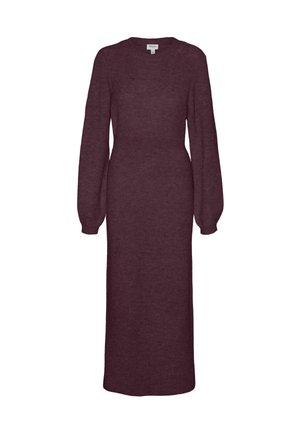 Mauve, gebreide jurk met lange mouwen en een getailleerde lijfje in A-lijn silhouet. Zachte textuur met subtiele ribbeldetails door het geheel.