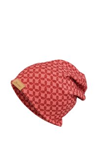 Red patterned beanie hat with a leaf design, slouchy shape, and textured fabric. Features a small brand label on the side.