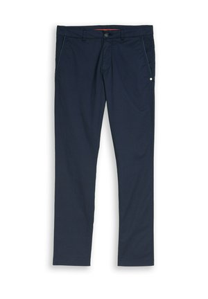 Marineblaue Herren-Slim-Fit-Hose mit vorderer Knopf- und Reißverschluss, Seitentaschen und einem kleinen reflektierenden Detail an der rechten Tasche.