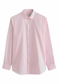 Camisa de manga larga rosa claro con cuello puntiagudo, cierre frontal de botones y puños abotonados. Tejido suave y diseño de corte estándar.